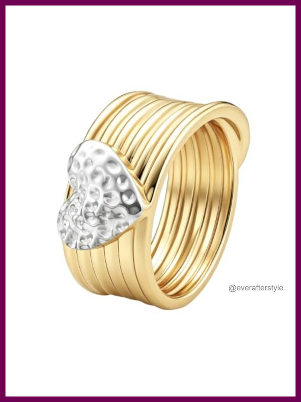 Gold Plated Two-Tone Hammered Heart Chunky Ring 14K Statement